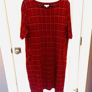 J.JILL RED WINDOWPANE KNIT SHIFT DRESS WITH POCKETS